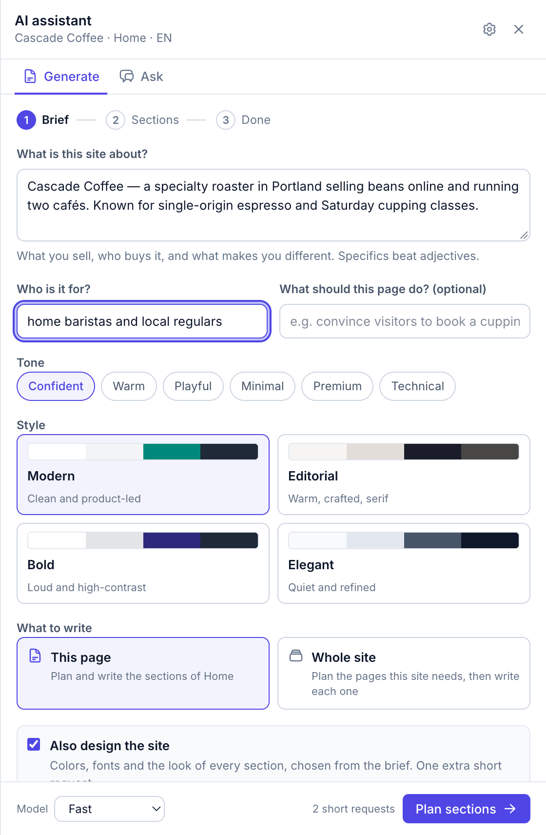 The Generate tab's brief step: a business description, audience and page goal fields, tone chips, four style cards with palettes, This page and Whole site options, the Also design the site checkbox and the replace or keep choice