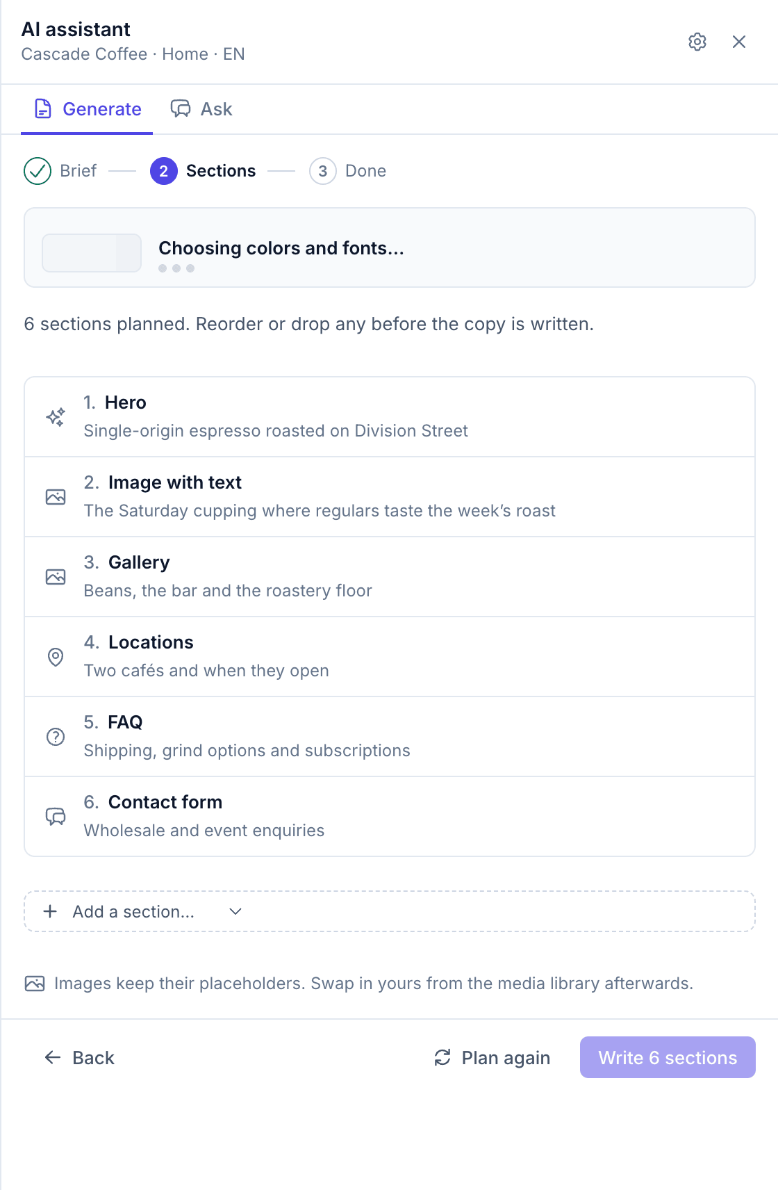 The Sections step while the design is still being chosen: a card reading Choosing colors and fonts above the six planned sections, with the Write button disabled