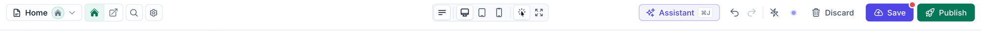 The editor topbar with the Assistant button and its ⌘J shortcut next to undo, Discard, Save and Publish