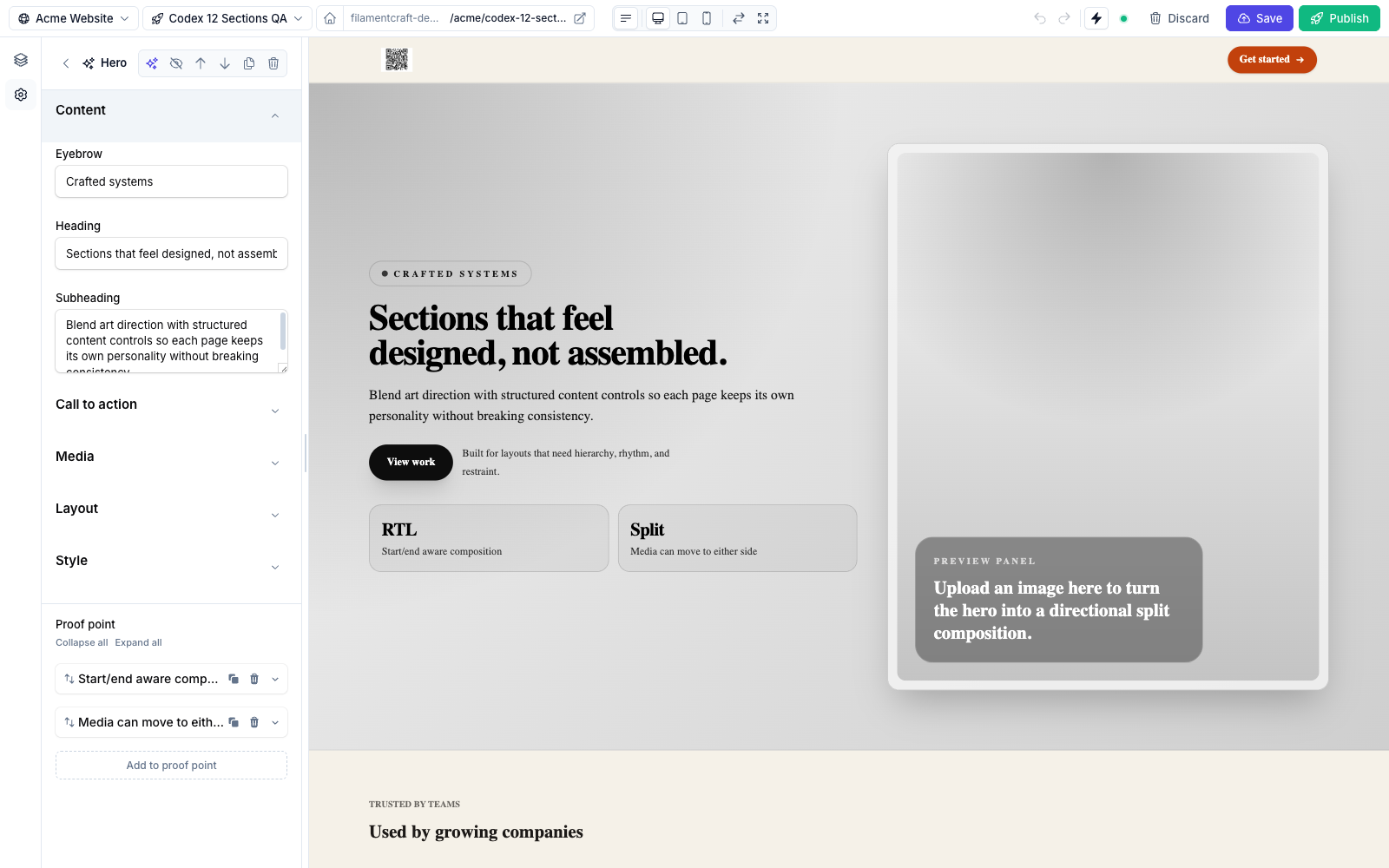 A custom section's settings panel