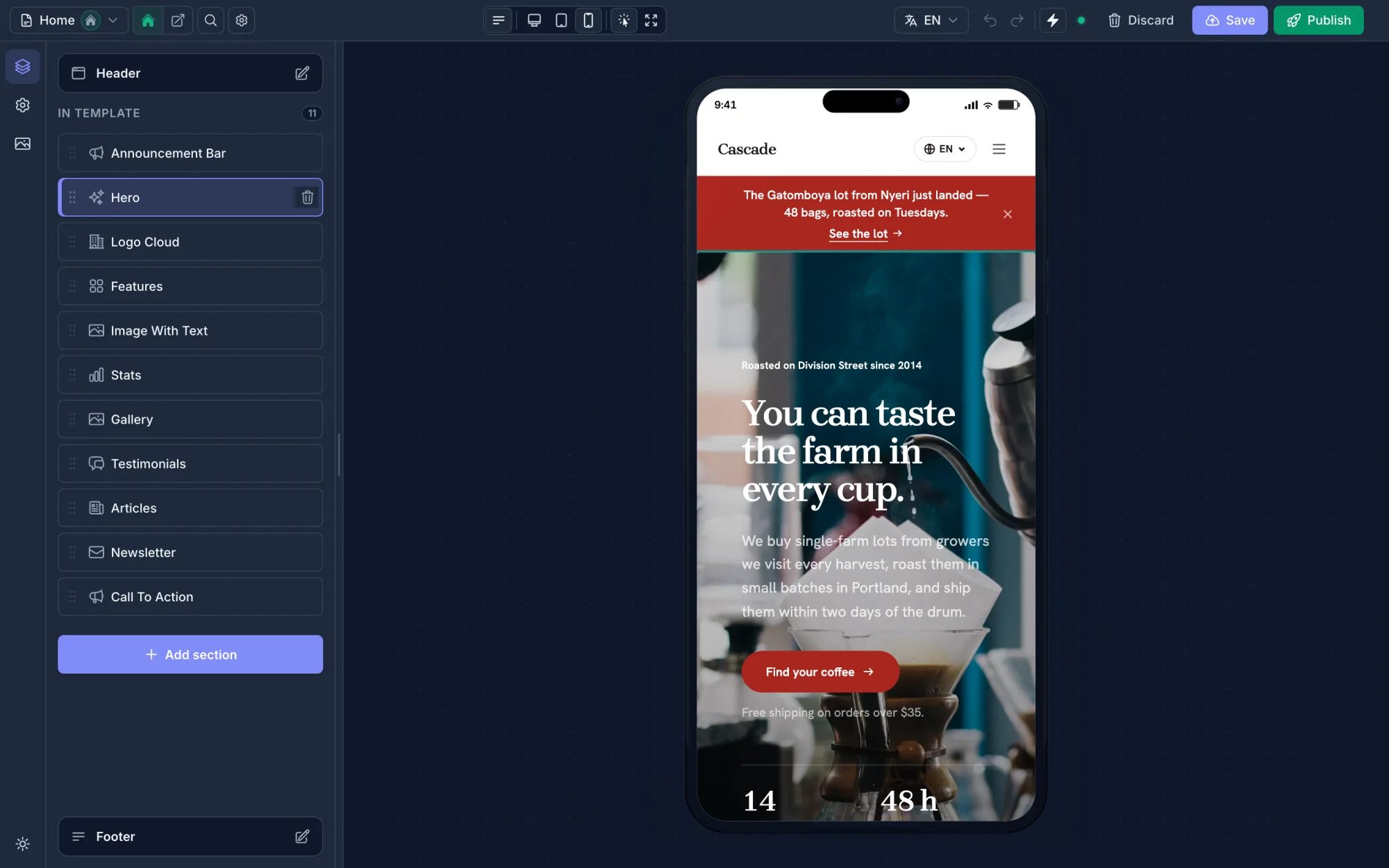The editor previewing the page on mobile