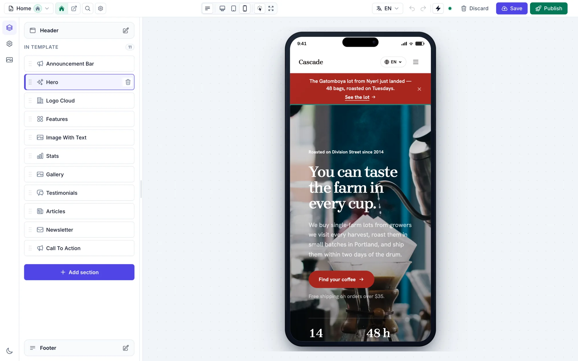 The editor previewing the page on mobile