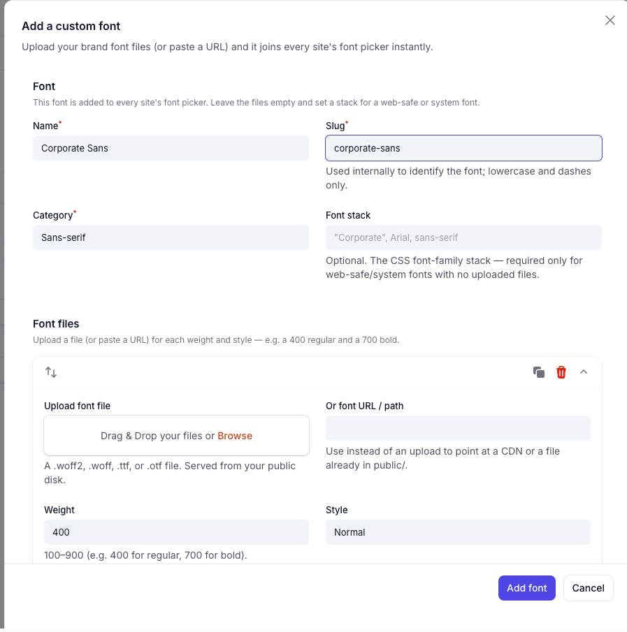 The Add a custom font modal with a name, slug, category, and an uploaded font file
