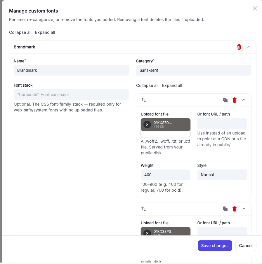 The Manage custom fonts modal listing the added fonts, one expanded to show its uploaded file