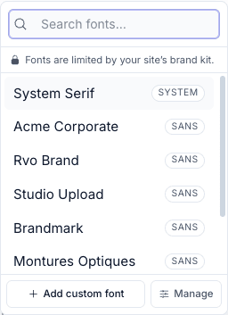 A brand-locked font picker: a curated list with a lock hint, and an Add custom font / Manage footer