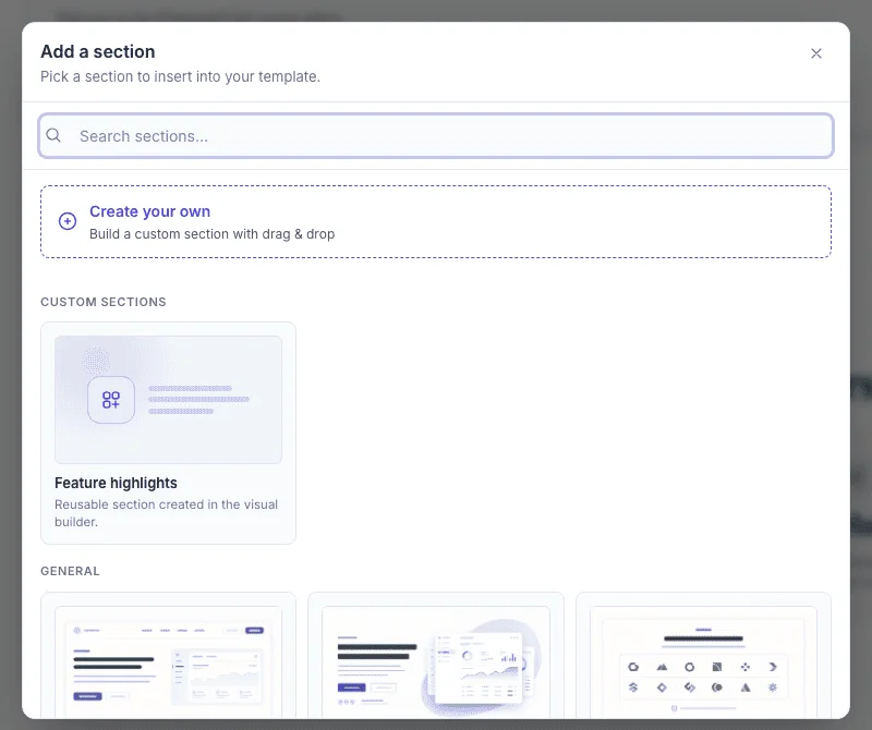 The Add section catalog with a Custom sections group above the built-ins
