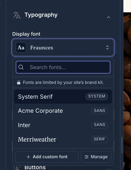 The display font picker with a search field and a brand-kit font list
