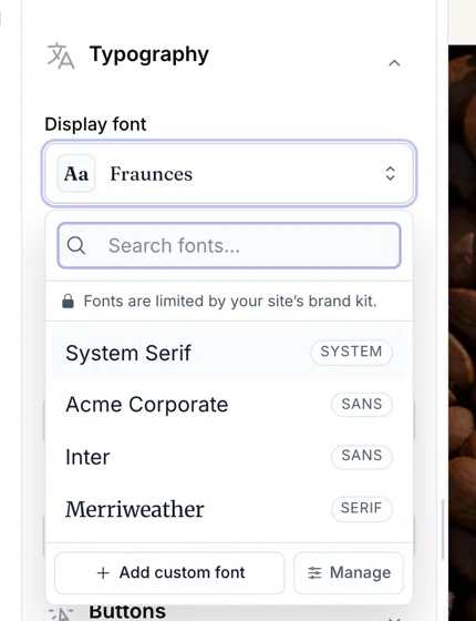 The display font picker with a search field and a brand-kit font list