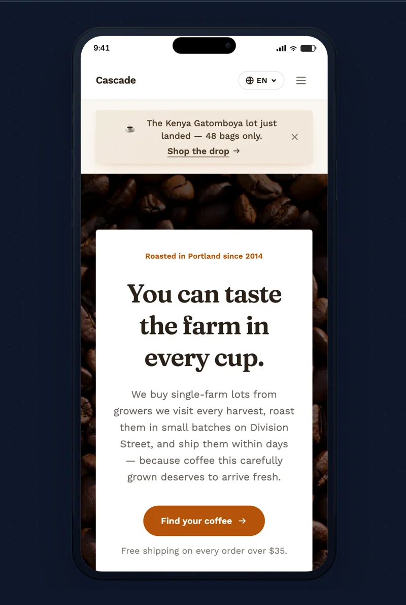 The editor previewing a coffee roastery site inside a phone frame