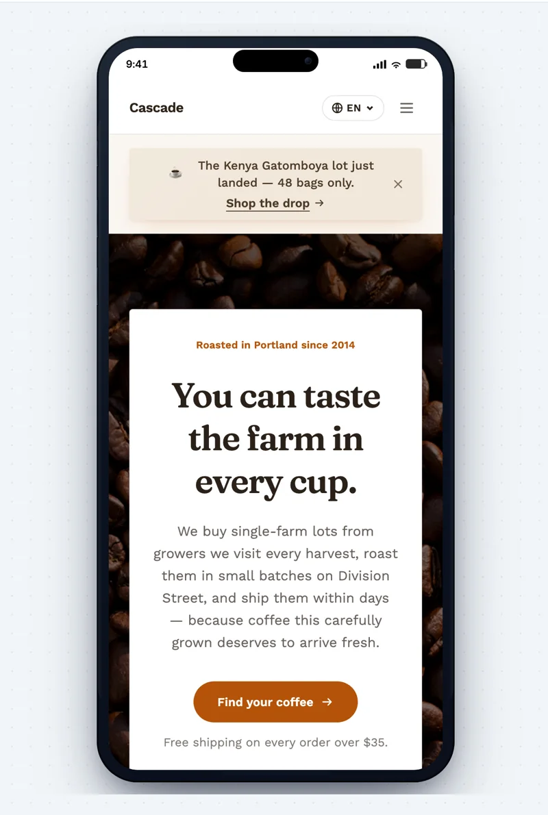The editor previewing a coffee roastery site inside a phone frame