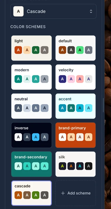 The theme panel listing color schemes, each a row of swatches
