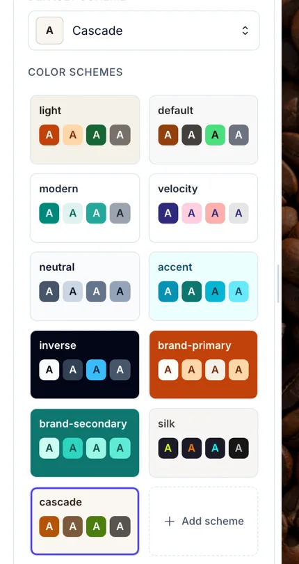 The theme panel listing color schemes, each a row of swatches