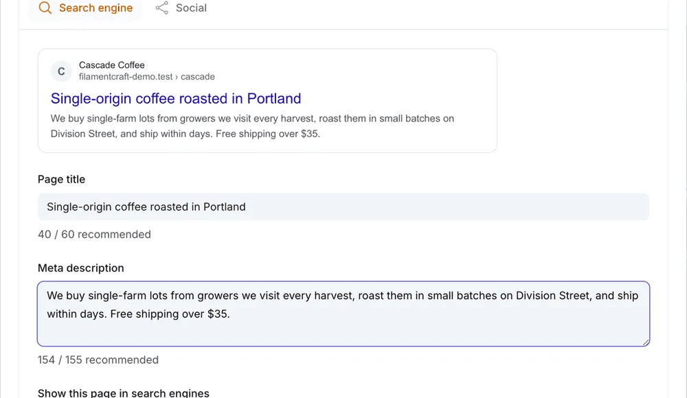 The SEO modal with a Google-style result preview, page title and meta description counters