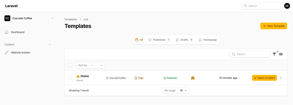 The Templates resource in a Filament panel, with an Open in Editor action