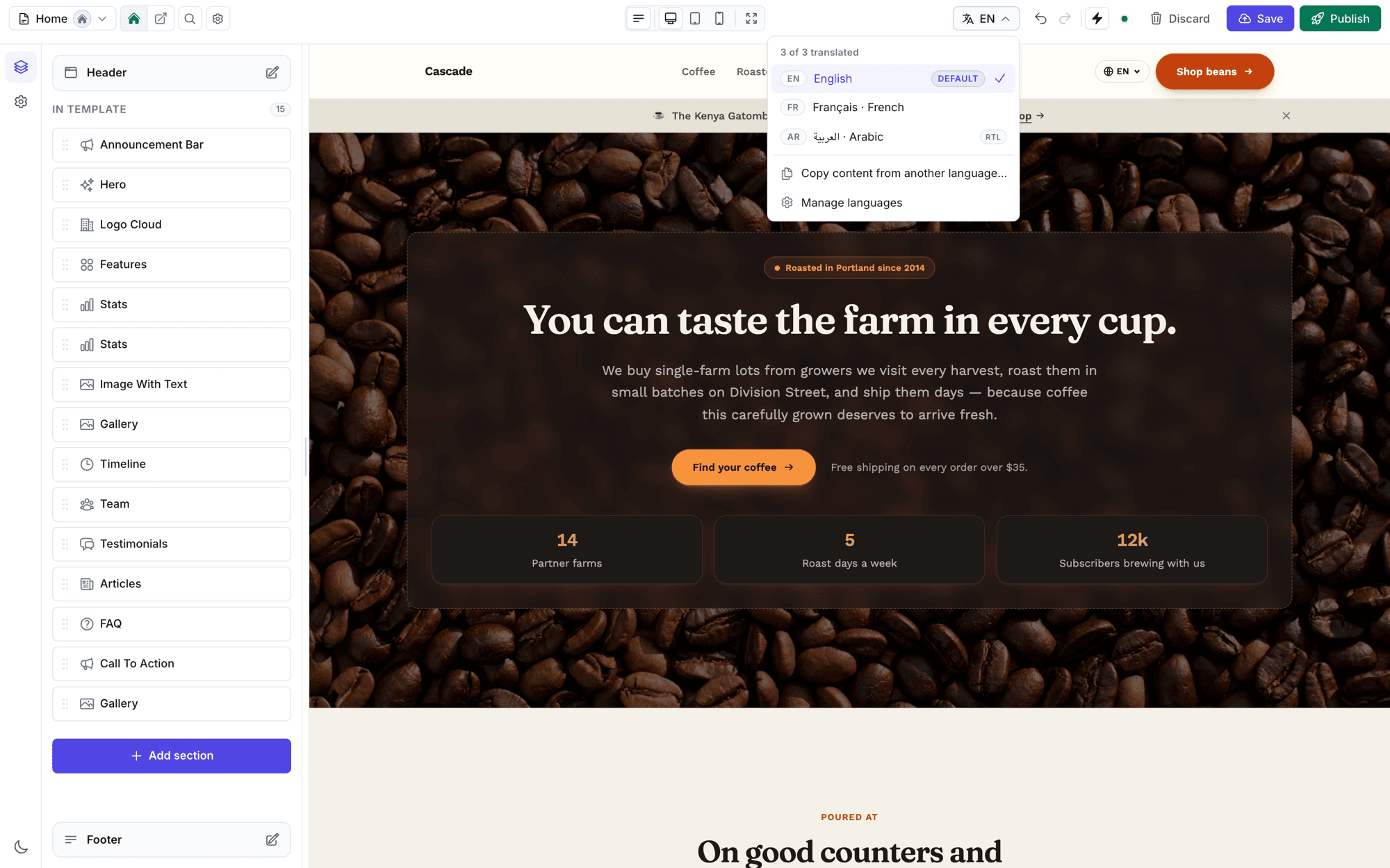 The editor language switcher showing English, Français and العربية