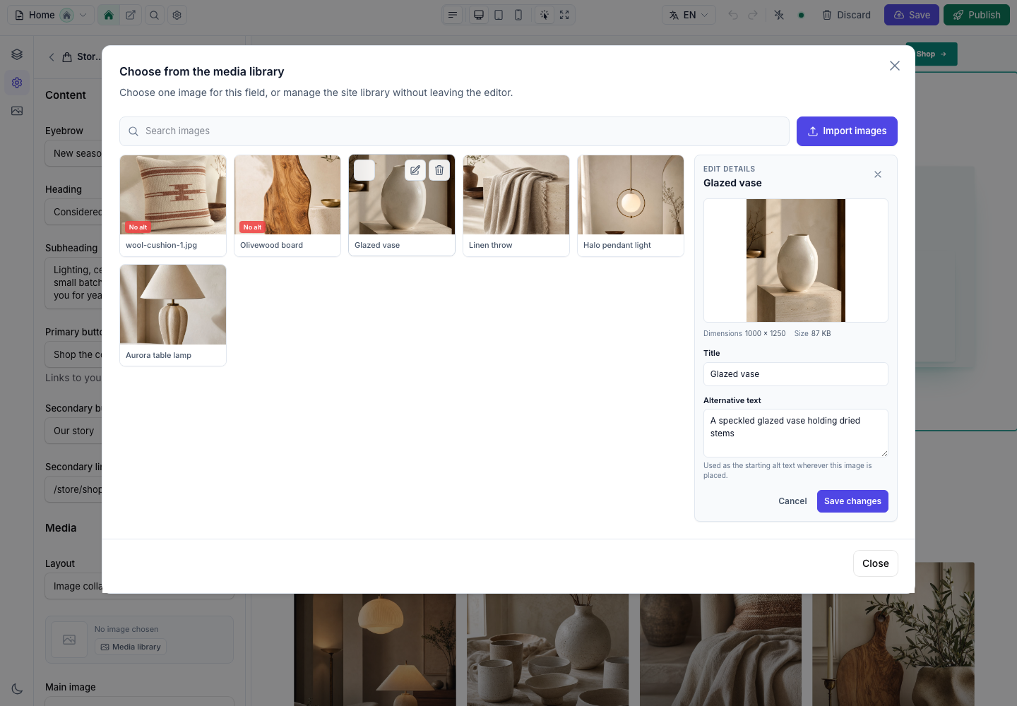 The media picker editing the title and alternative text for a glazed vase image
