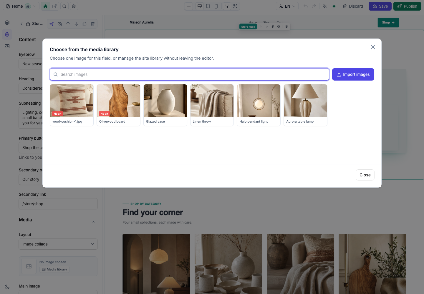 The media picker showing six Maison Aurelia product images, search, import, and missing-alt warnings