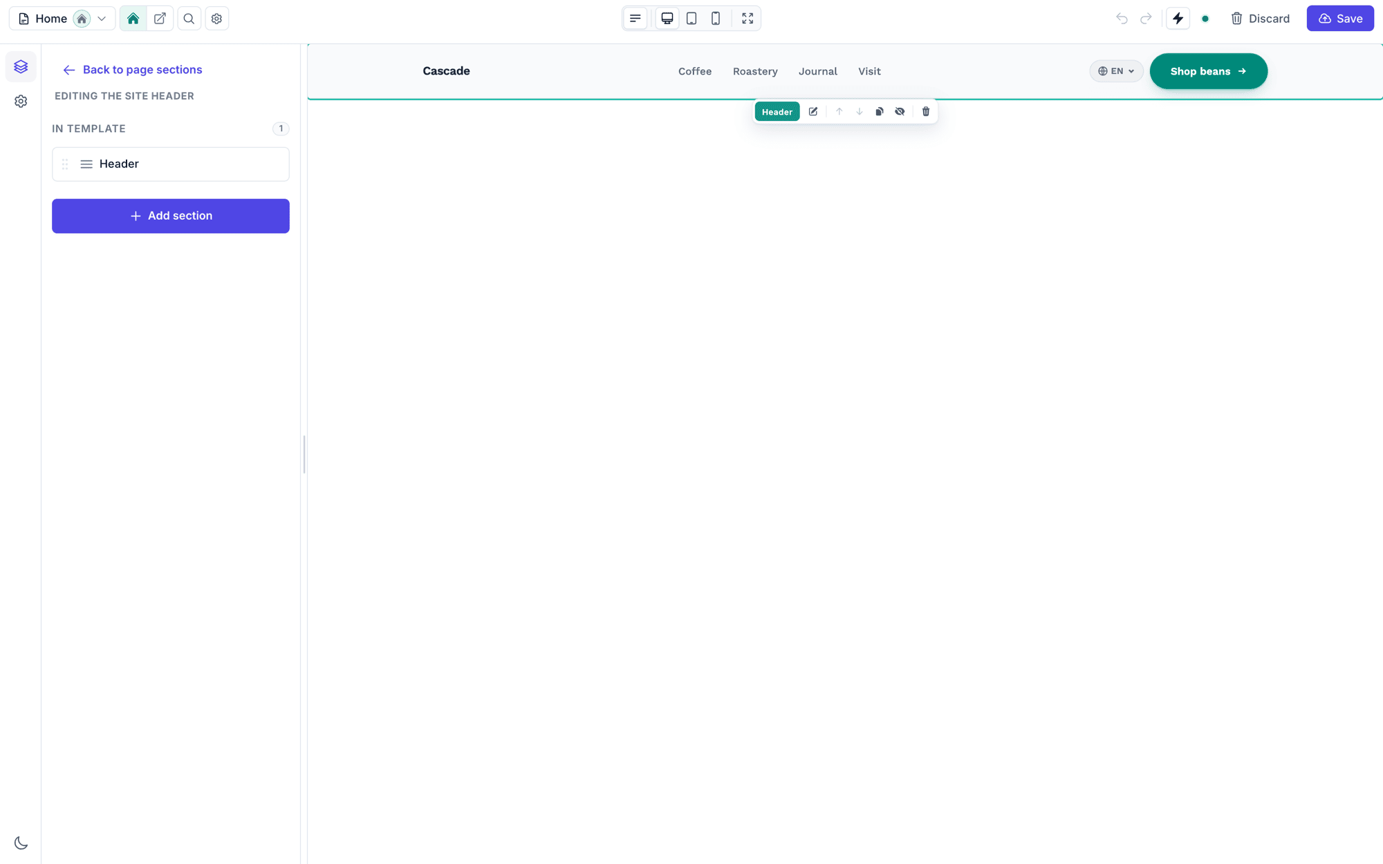 The editor in region mode while editing the site header