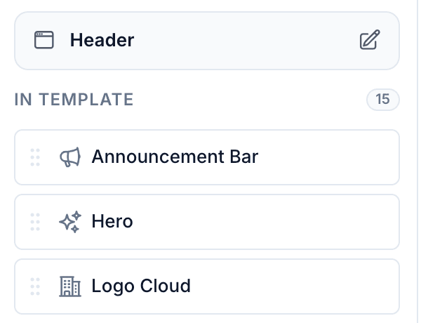 The editor sidebar with the Header region pinned above the page sections and the Footer pinned below