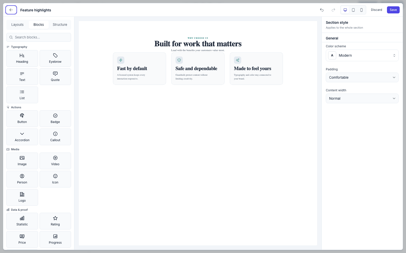 The block palette grouped by Typography, Actions, Media, Data and proof, Layout and Advanced
