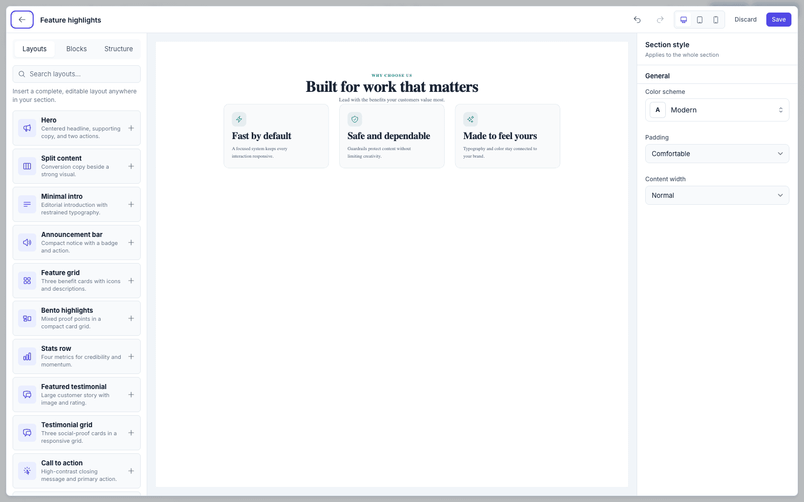 The no-code section builder — block palette on the left, live canvas in the middle, section style inspector on the right
