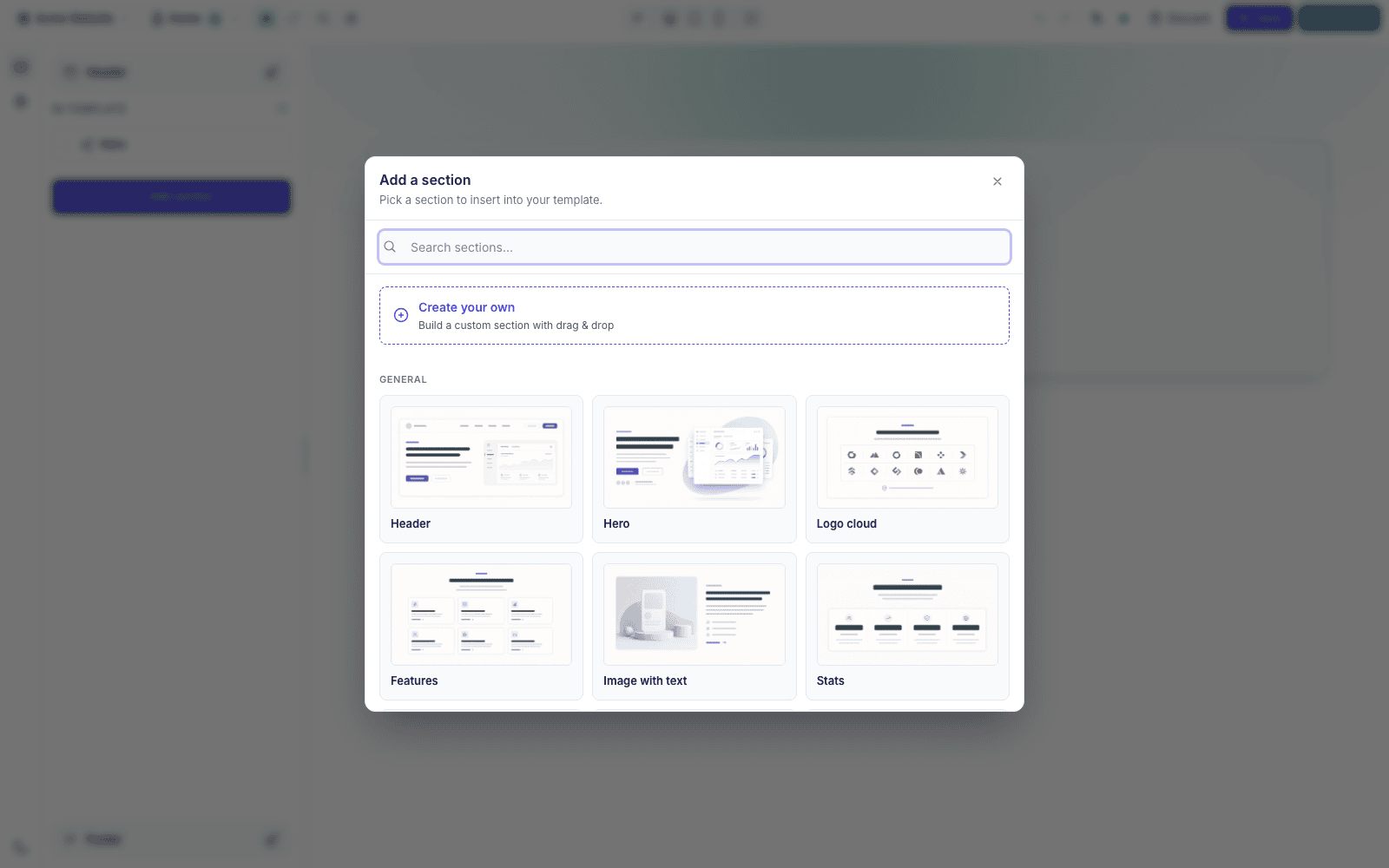 The Add section catalog with a Create your own card at the top