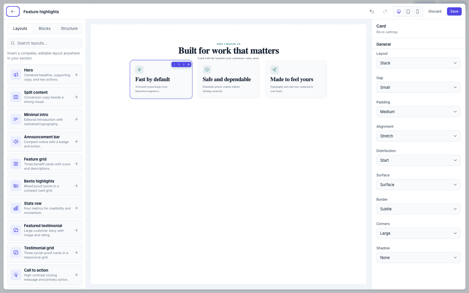 The inspector showing surface, border, radius, and shadow controls for a card block, with the block's hover toolbar on the canvas