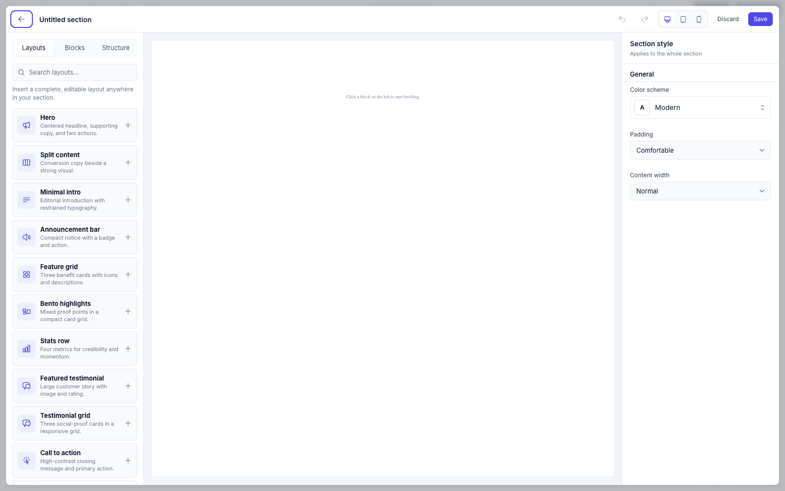 The Layouts library listing 24 curated section arrangements