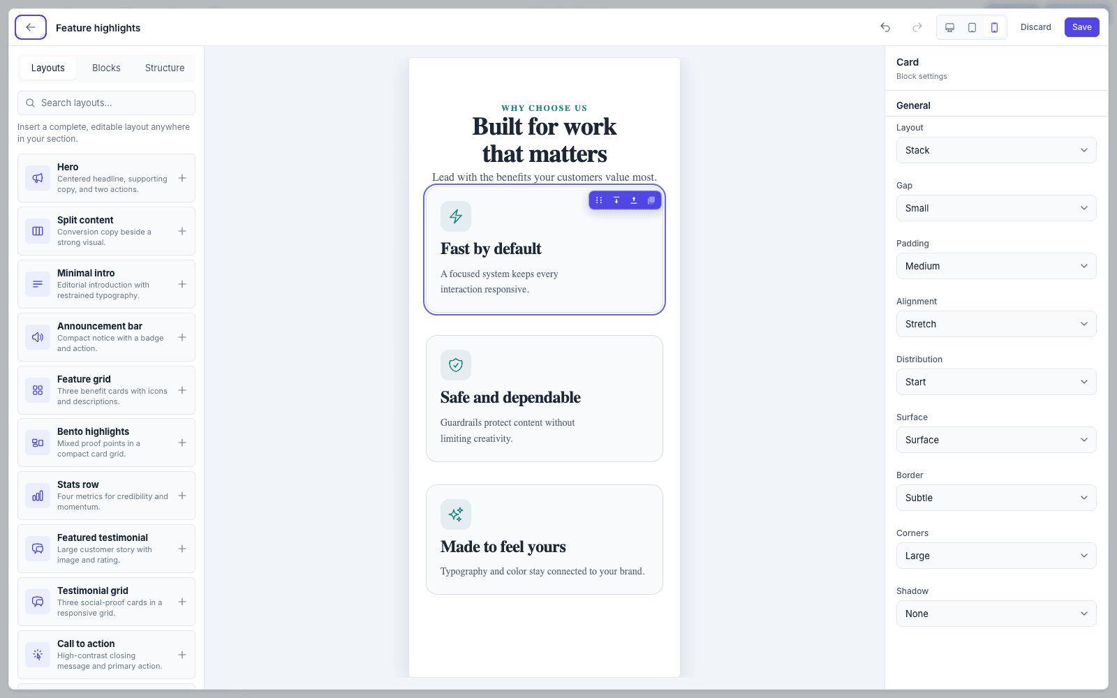 The builder canvas at mobile width inside a phone frame