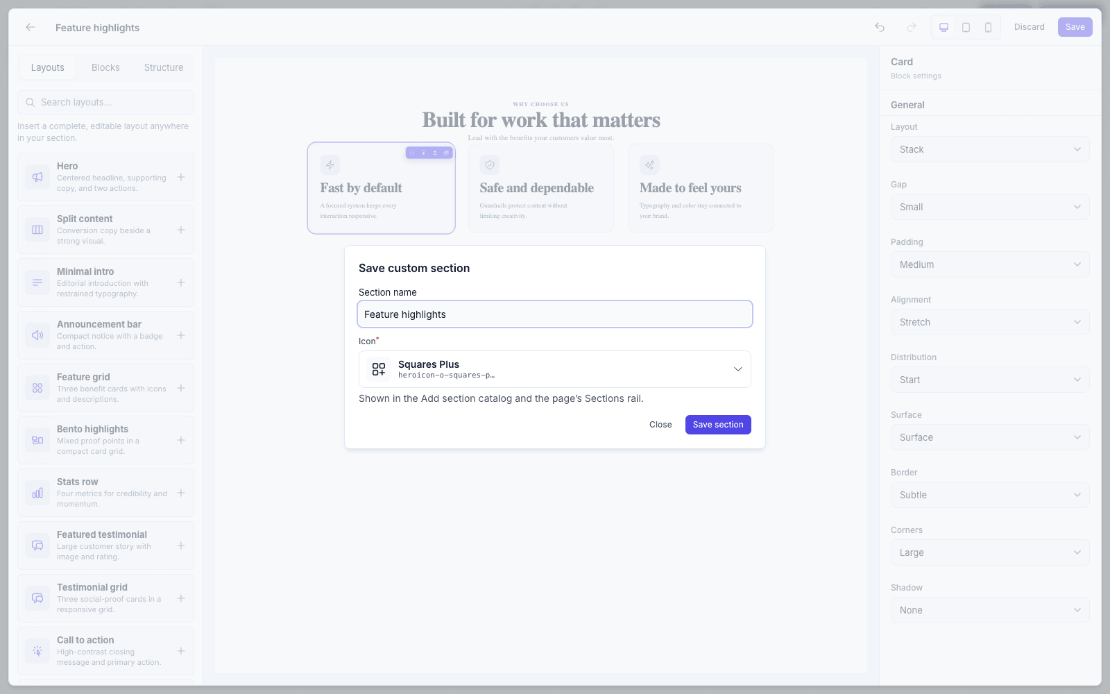 The save dialog with a name field and a searchable icon picker