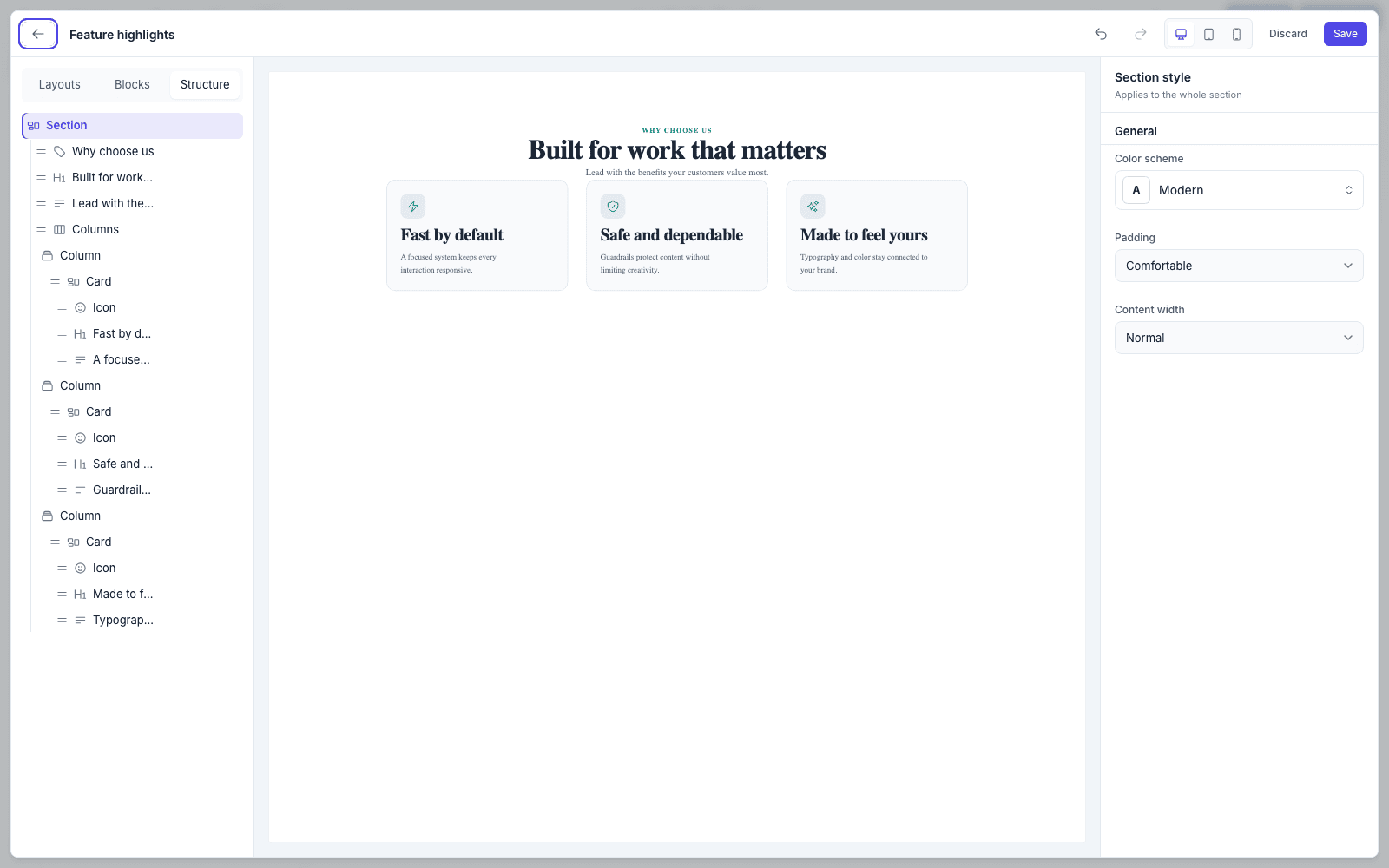 The structure tree listing each block by its own content