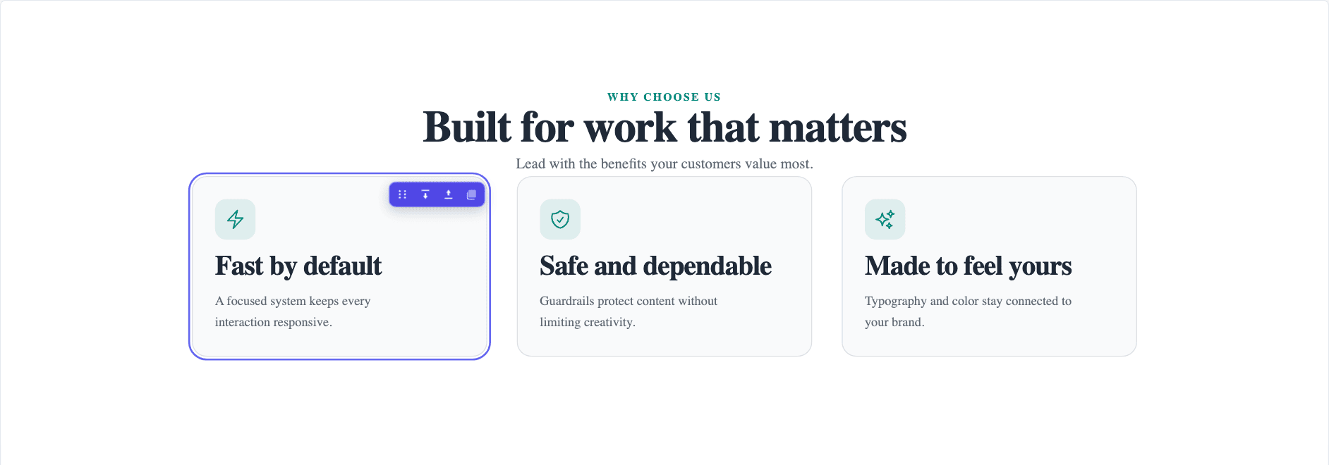 A feature card on the canvas with its hover toolbar: drag, add space above, add space below, duplicate