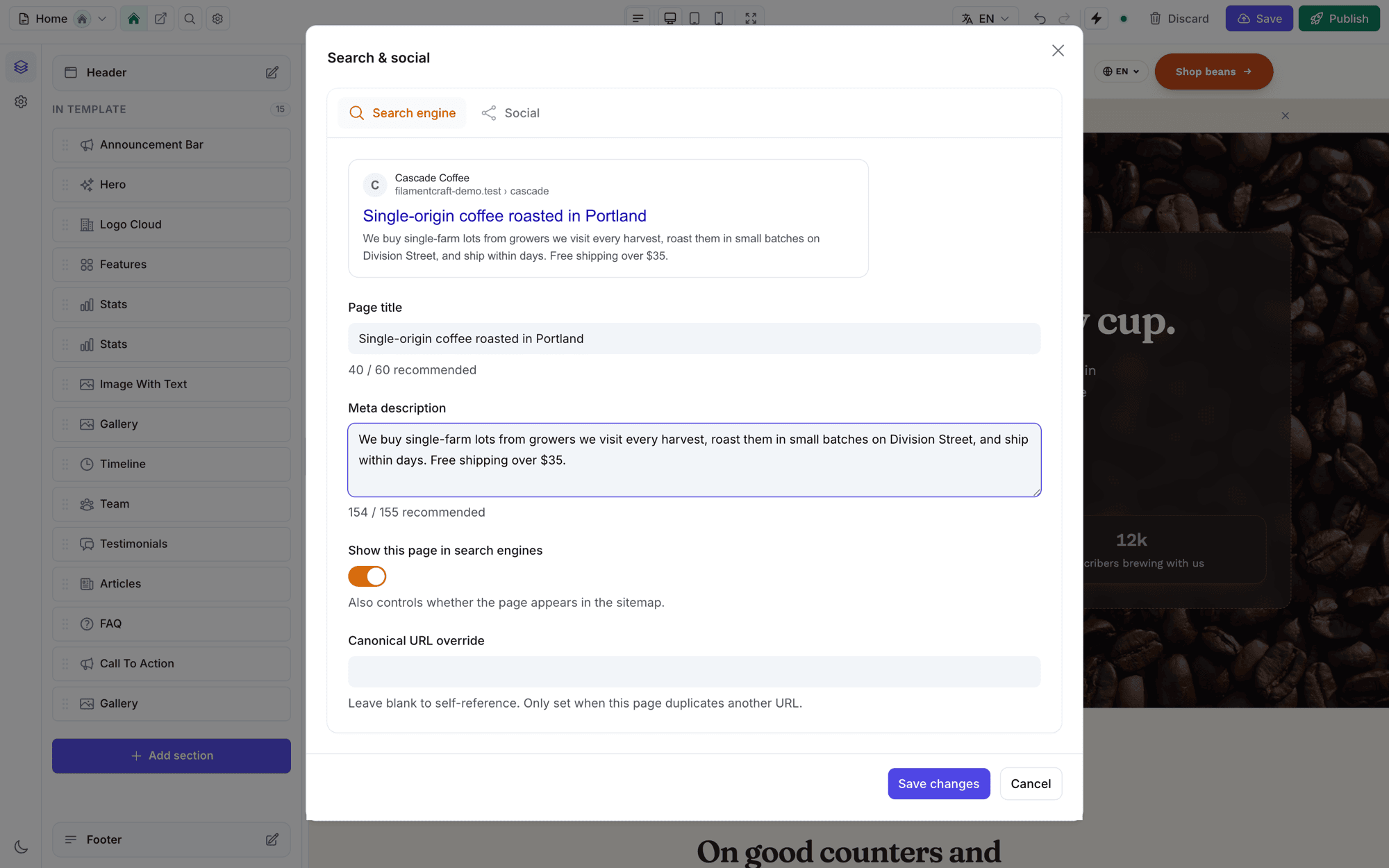 The SEO modal's Search engine tab with a live Google-style preview
