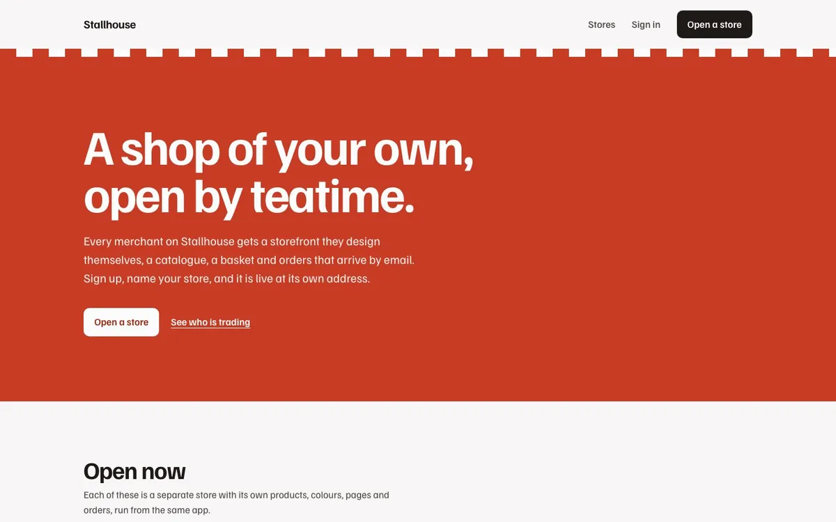 The Stallhouse platform page listing a tea shop and a plant shop under a striped awning