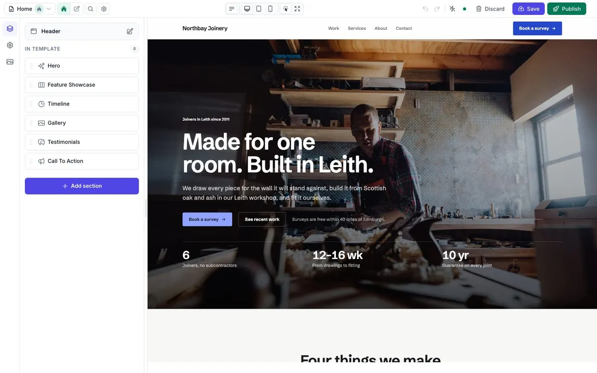 The visual editor open on the Northbay homepage