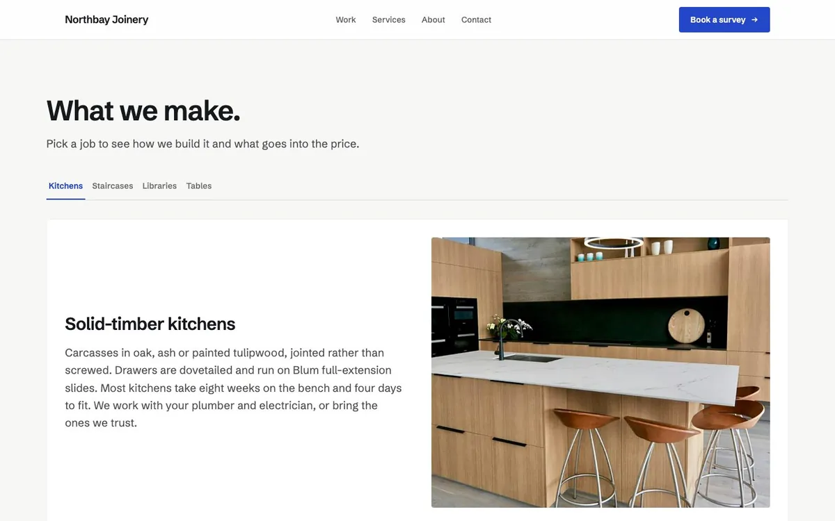 The services page with tabs, pricing and FAQ