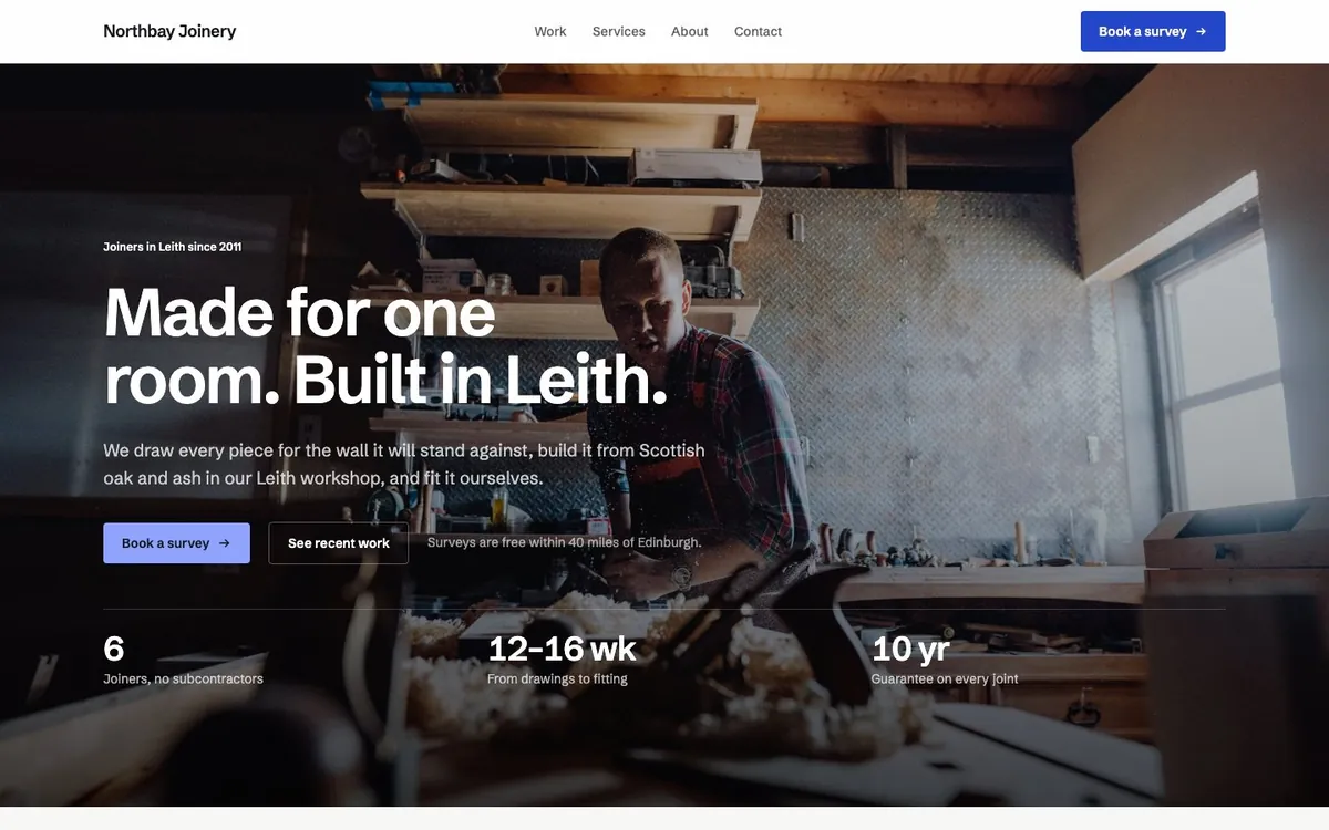 The Northbay Joinery homepage: a workshop photo behind the headline Made for one room. Built in Leith.