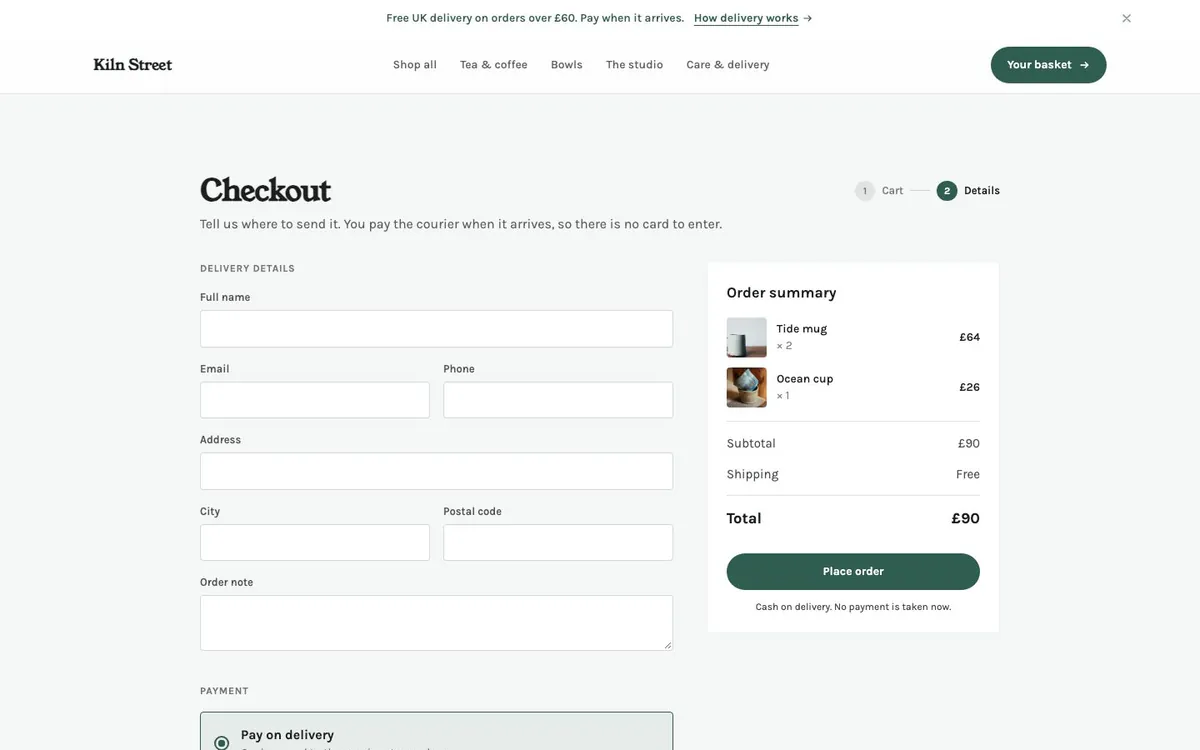 Cash-on-delivery checkout with the order summary