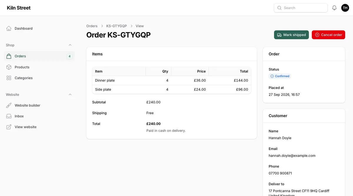 An order with Mark shipped and Cancel order actions