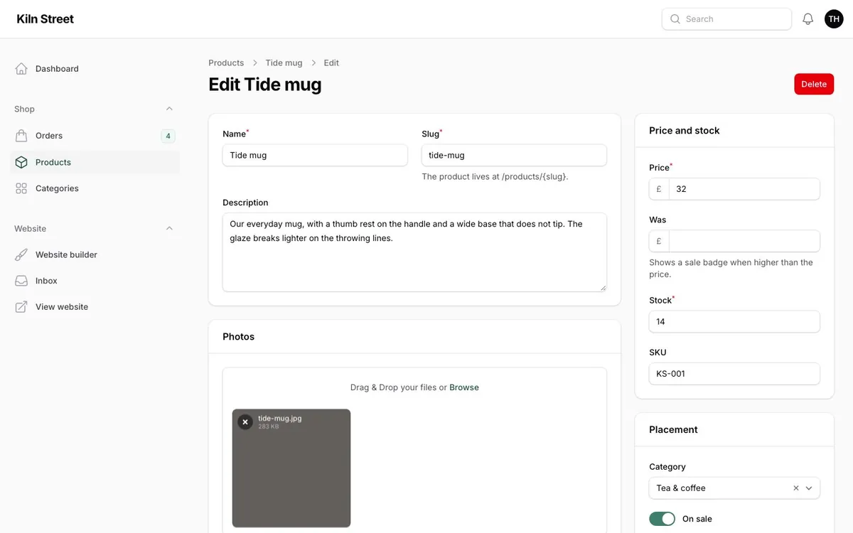 Editing a product: photos, options, price and stock