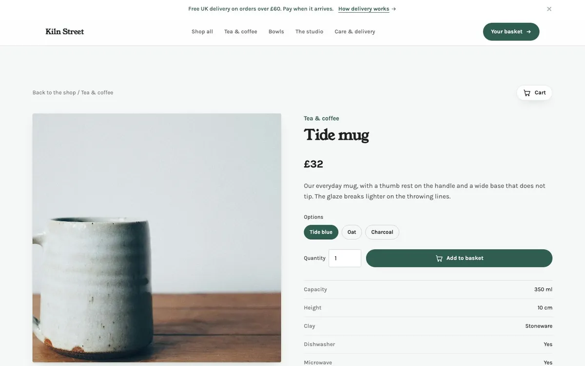 A product page with options, spec table and related products