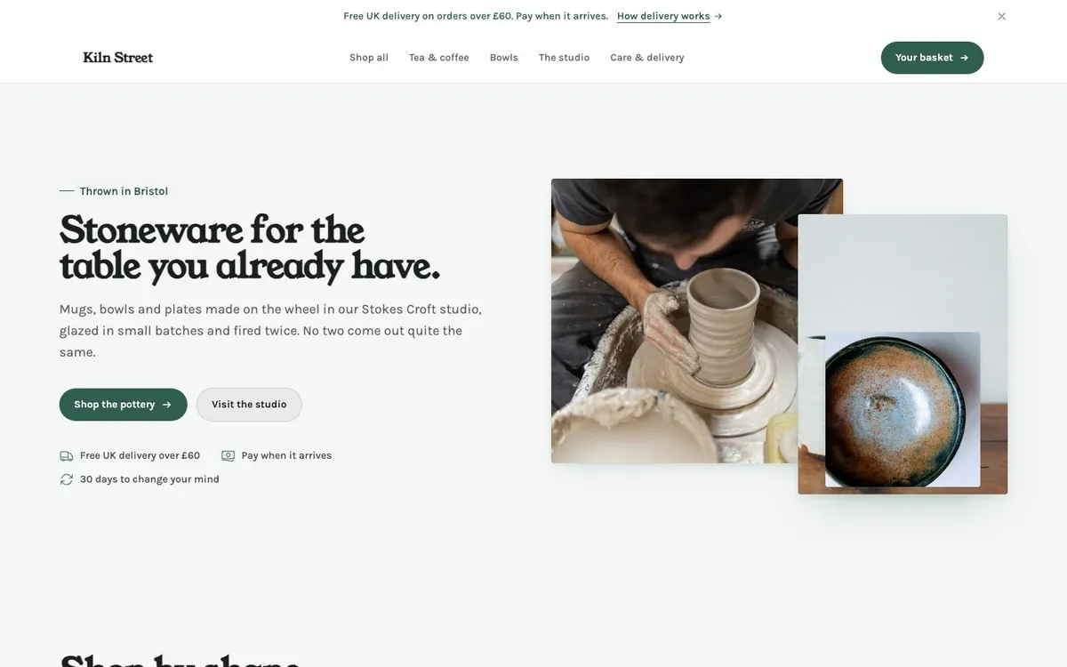 The Kiln Street pottery homepage with a collage of a potter at the wheel and glazed bowls